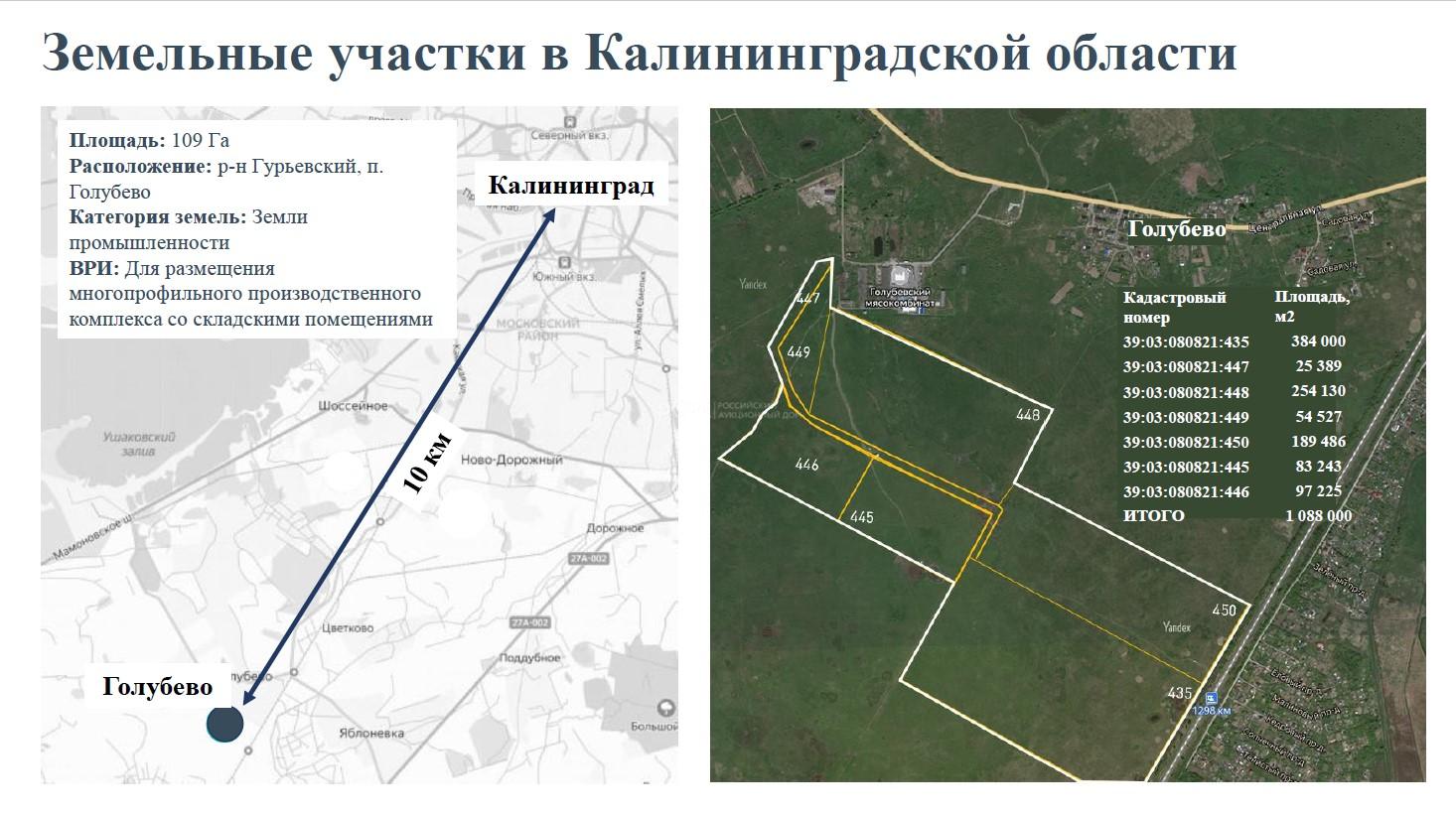 Лот №1, 7 (семь) земельных участков, общей площадью 1 088 000 кв.м., по адресу: Калининградская область, р-н Гурьевский, п. Голубево